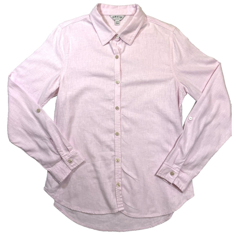 Orvis Linen Blend Women's Button Down Collared Shirt Pink Beach Long Sleeve Sz S